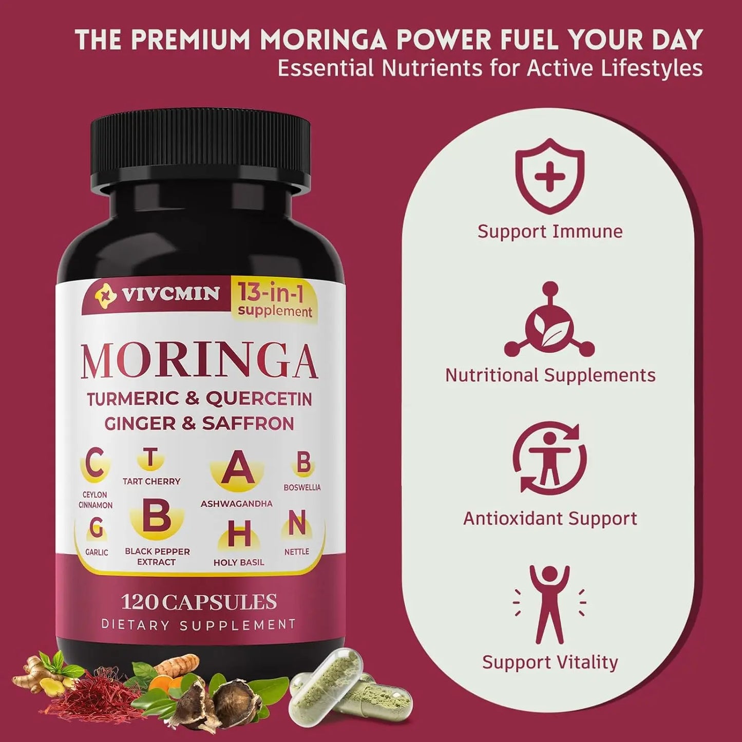 13 in 1 Moringa Leaf Powder Capsules - Turmeric, Ginger, Quercetin, Saffron | Herbal Complex Supplement for Energy & Immune Support (2-Month Supply)