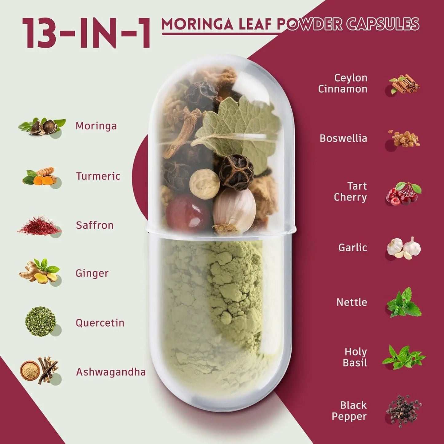 13 in 1 Moringa Leaf Powder Capsules - Turmeric, Ginger, Quercetin, Saffron | Herbal Complex Supplement for Energy & Immune Support (2-Month Supply)