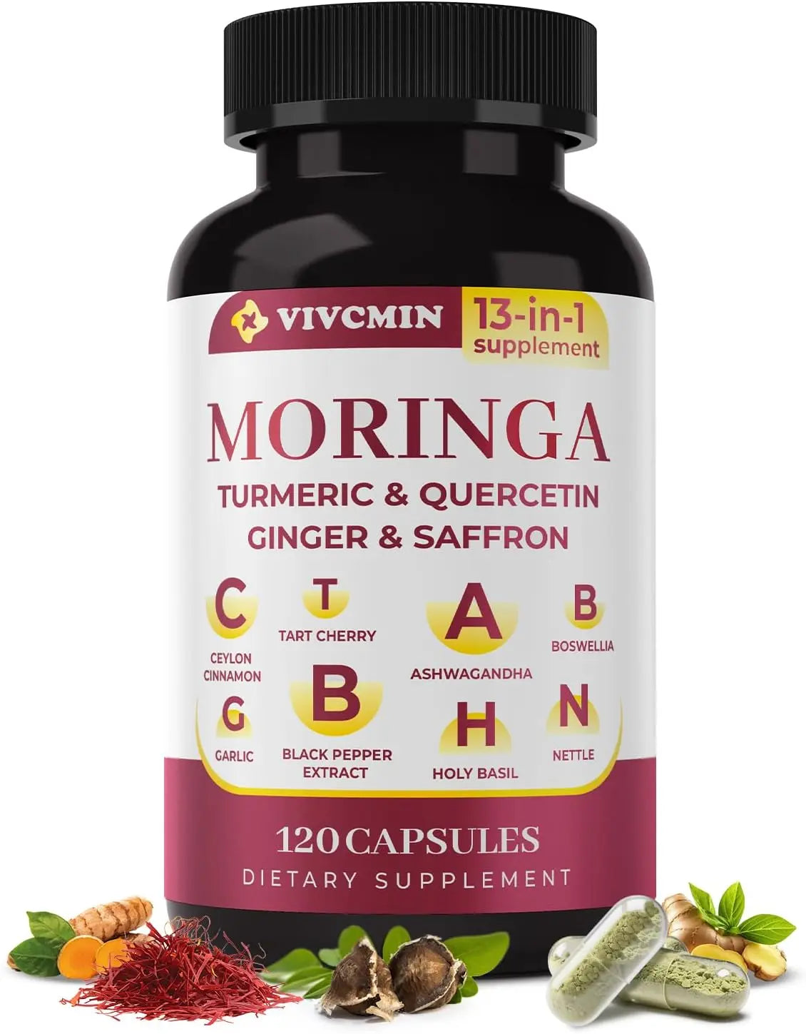 13 in 1 Moringa Leaf Powder Capsules - Turmeric, Ginger, Quercetin, Saffron | Herbal Complex Supplement for Energy & Immune Support (2-Month Supply)