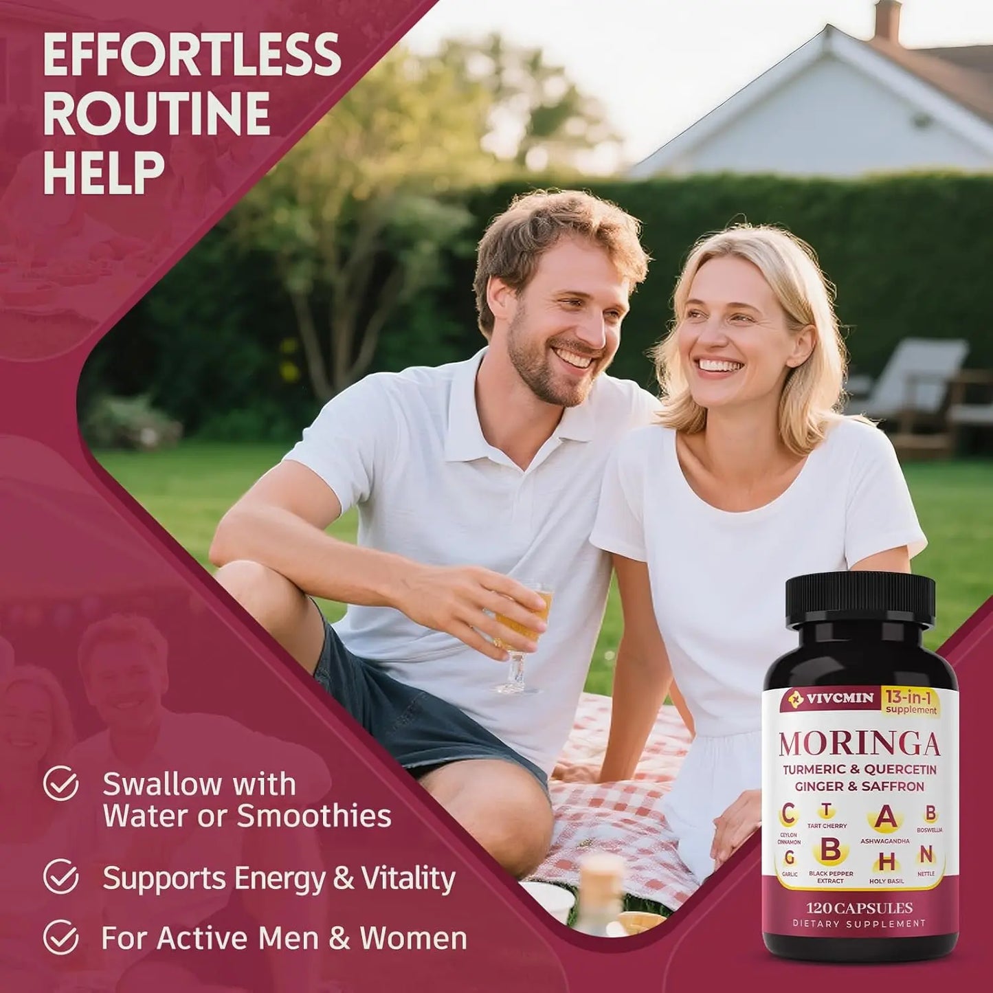 13 in 1 Moringa Leaf Powder Capsules - Turmeric, Ginger, Quercetin, Saffron | Herbal Complex Supplement for Energy & Immune Support (2-Month Supply)