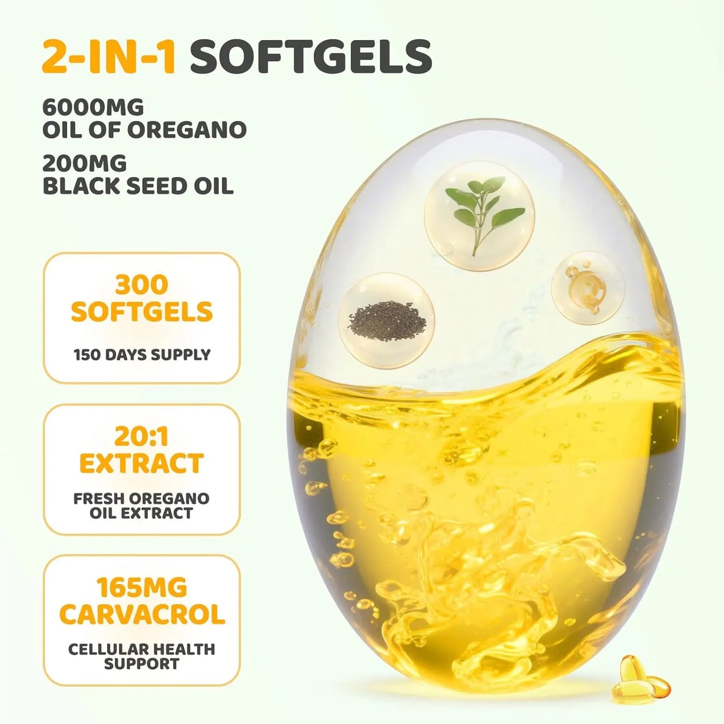 Oil of Oregano Capsules - Oregano Oil with Black Seed Oil, Contain Carvacrol & Thymoquinone, Herbal Supplement for Immune, Digestive and Antioxidant Support, 300 Softgels - 150 Days Supply