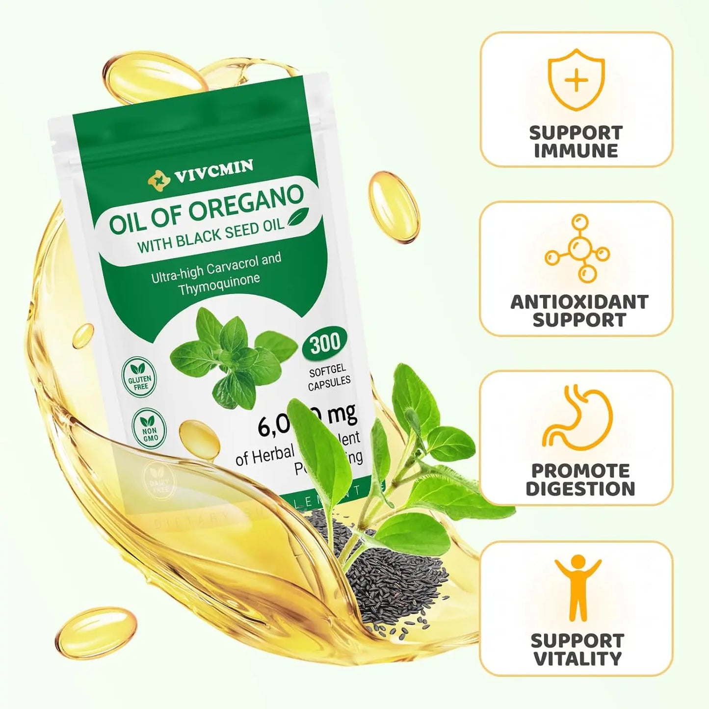 Oil of Oregano Capsules - Oregano Oil with Black Seed Oil, Contain Carvacrol & Thymoquinone, Herbal Supplement for Immune, Digestive and Antioxidant Support, 300 Softgels - 150 Days Supply