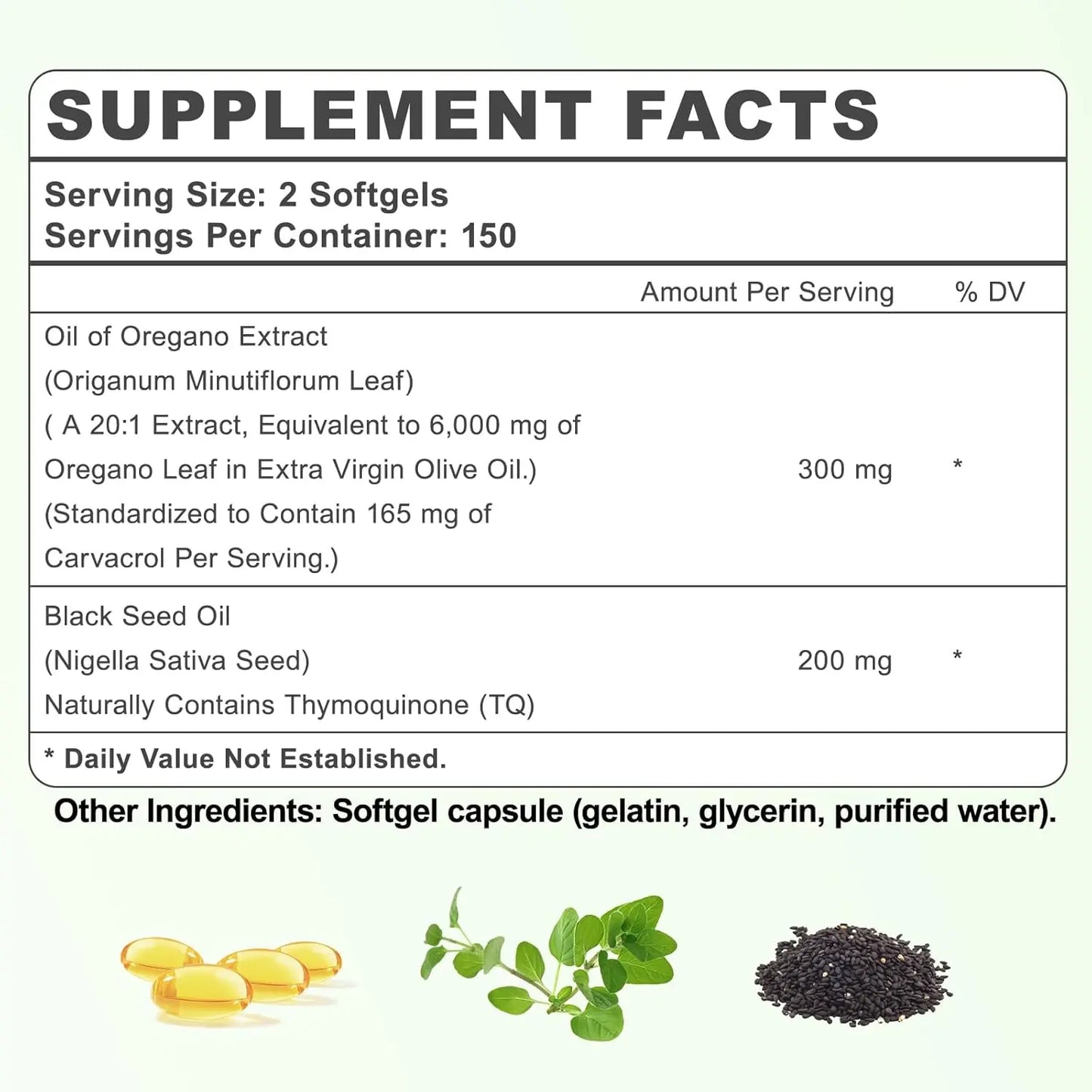 Oil of Oregano Capsules - Oregano Oil with Black Seed Oil, Contain Carvacrol & Thymoquinone, Herbal Supplement for Immune, Digestive and Antioxidant Support, 300 Softgels - 150 Days Supply