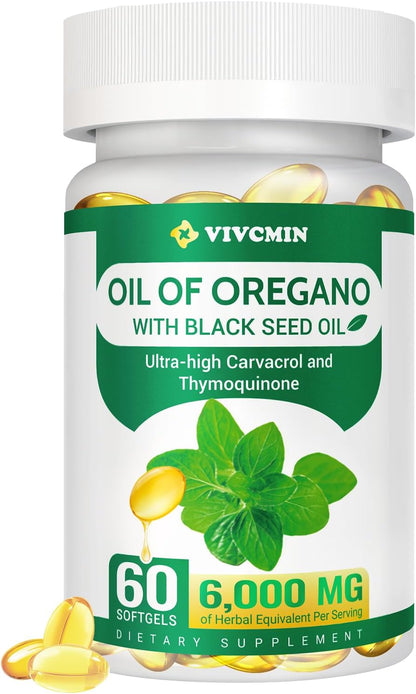 Oil of Oregano with Black Seed Oil - Herbal Supplement Contains Carvacrol - Support Immune & Digestion - Gluten, Soy & Sugar Free - 60 Softgels