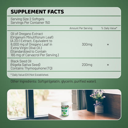 Oil of Oregano with Black Seed Oil - Herbal Supplement Contains Carvacrol - Support Immune & Digestion - Gluten, Soy & Sugar Free - 60 Softgels