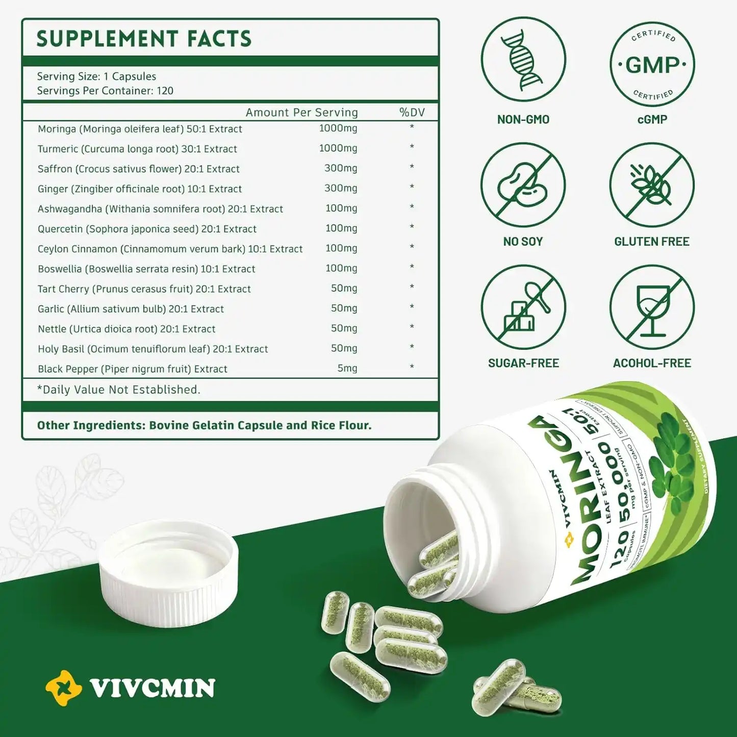 120 Moringa Capsules - 1000mg Moringa Oleifera Leaf | Moringa Supplement for Energy & Immune Support - 4 Month Supply
