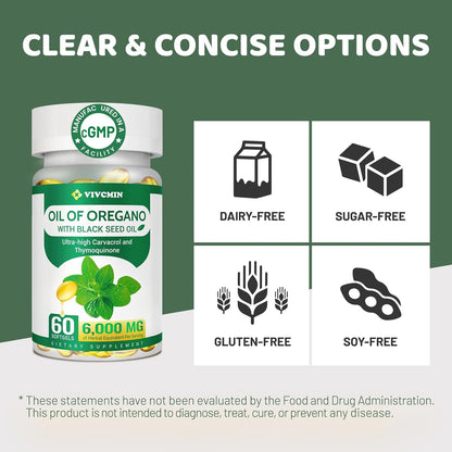 Oil of Oregano with Black Seed Oil - Herbal Supplement Contains Carvacrol - Support Immune & Digestion - Gluten, Soy & Sugar Free - 60 Softgels