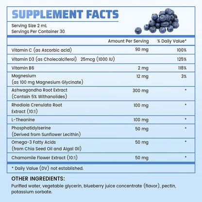 10 in 1 Cortisol Supplements for Women & Men, Cortisol Reducer with Ashwagandha, L-Theanine, Magnesium, Sleep & Mood Support, 2 Fl Oz, Blueberry Flavor