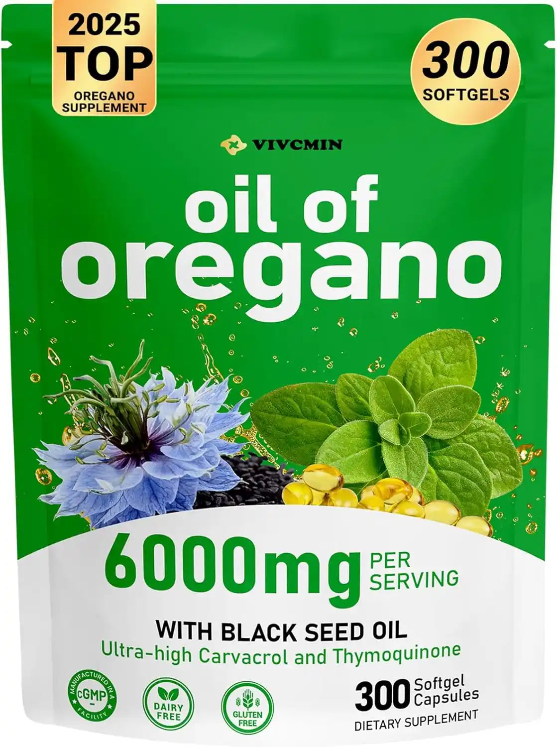 Oil of Oregano Capsules - Oregano Oil with Black Seed Oil, Contain Carvacrol & Thymoquinone, Herbal Supplement for Immune, Digestive and Antioxidant Support, 300 Softgels - 150 Days Supply