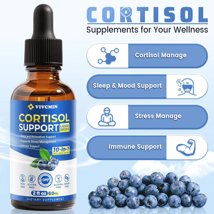 10 in 1 Cortisol Supplements for Women & Men, Cortisol Reducer with Ashwagandha, L-Theanine, Magnesium, Sleep & Mood Support, 2 Fl Oz, Blueberry Flavor