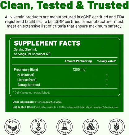 Mullein Drops for Lungs with Licorice & Astragalus, Lung Detox for Smokers Tincture, Respiratory & Immune Support, Mullein Leaf Extract for Lung Cleanse, 4 fl oz