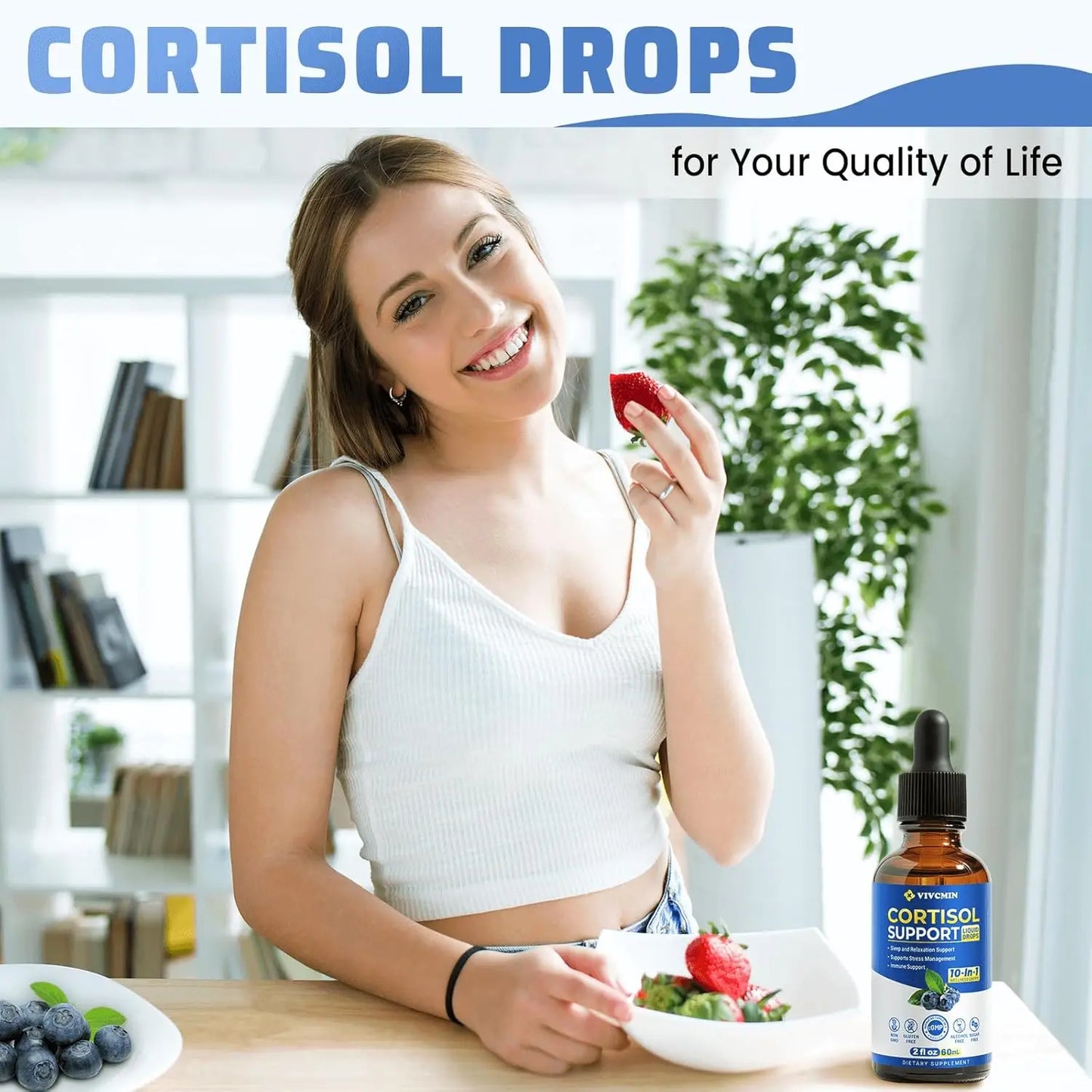 10 in 1 Cortisol Supplements for Women & Men, Cortisol Reducer with Ashwagandha, L-Theanine, Magnesium, Sleep & Mood Support, 2 Fl Oz, Blueberry Flavor
