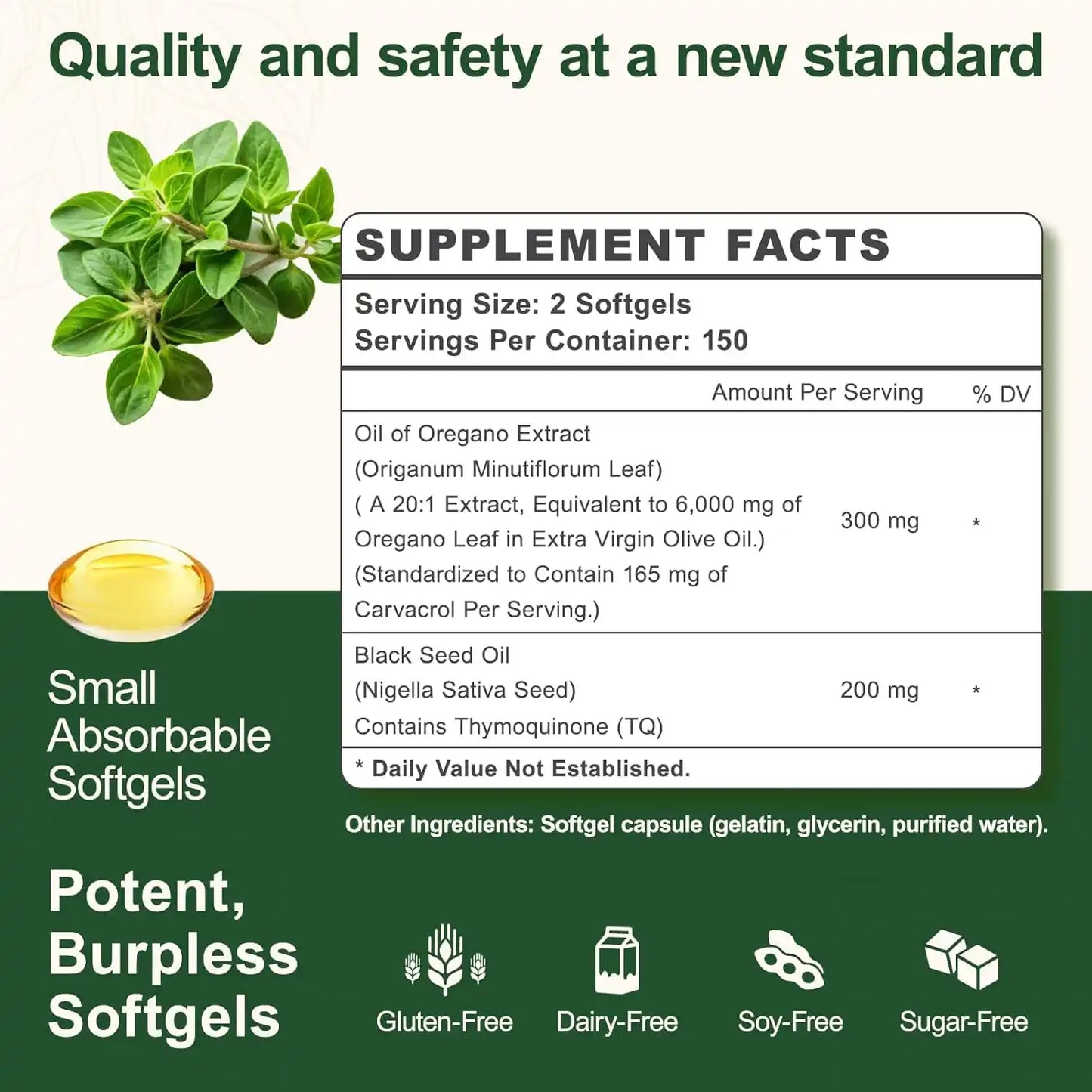 Oil of Oregano Capsules - Oregano Oil with Black Seed Oil, Contain Carvacrol & Thymoquinone, Herbal Supplement for Immune, Digestive and Antioxidant Support, 300 Softgels - 150 Days Supply