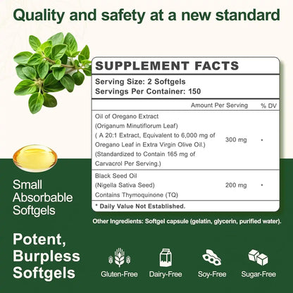 Oil of Oregano Capsules - Oregano Oil with Black Seed Oil, Contain Carvacrol & Thymoquinone, Herbal Supplement for Immune, Digestive and Antioxidant Support, 300 Softgels - 150 Days Supply