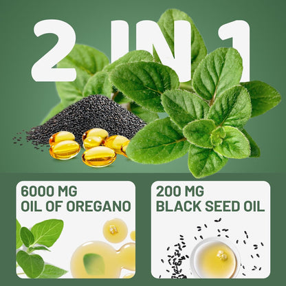 Oil of Oregano with Black Seed Oil - Herbal Supplement Contains Carvacrol - Support Immune & Digestion - Gluten, Soy & Sugar Free - 60 Softgels