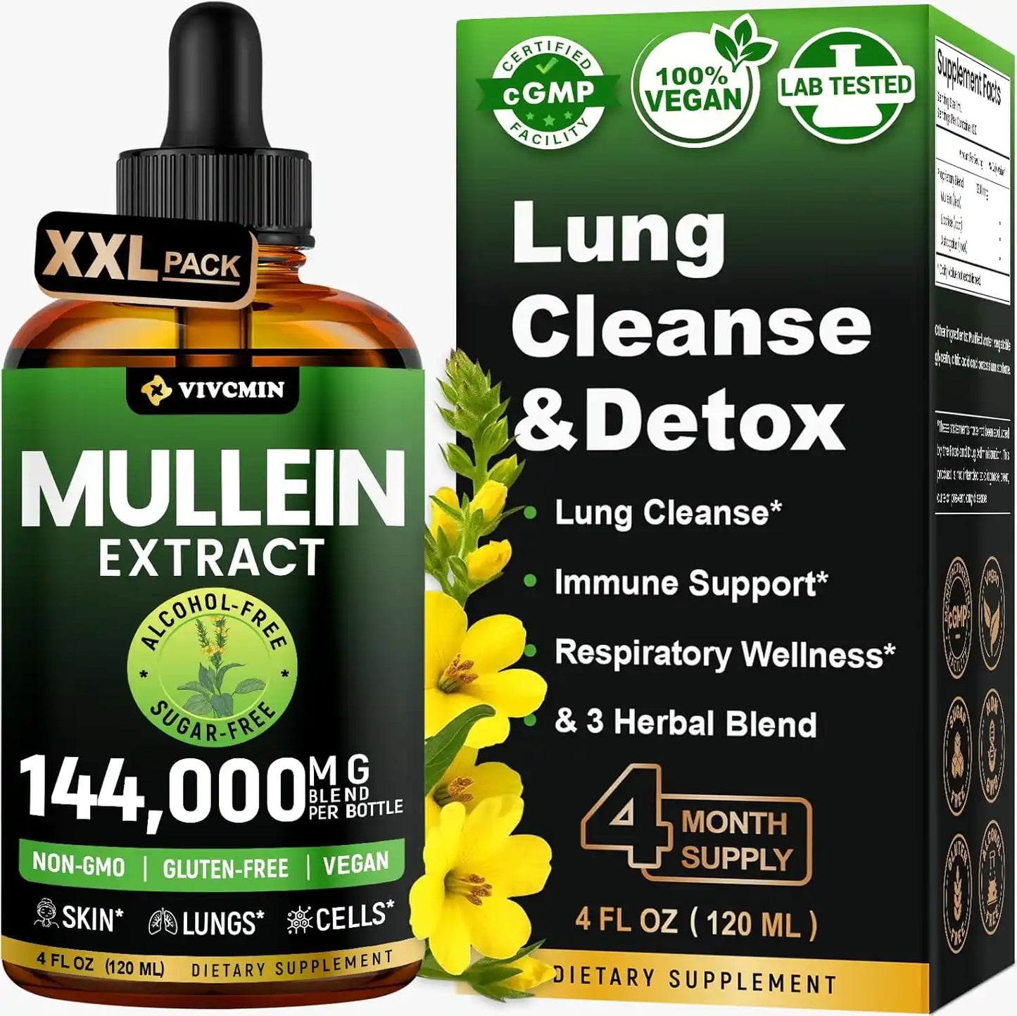 Mullein Drops for Lungs with Licorice & Astragalus, Lung Detox for Smokers Tincture, Respiratory & Immune Support, Mullein Leaf Extract for Lung Cleanse, 4 fl oz