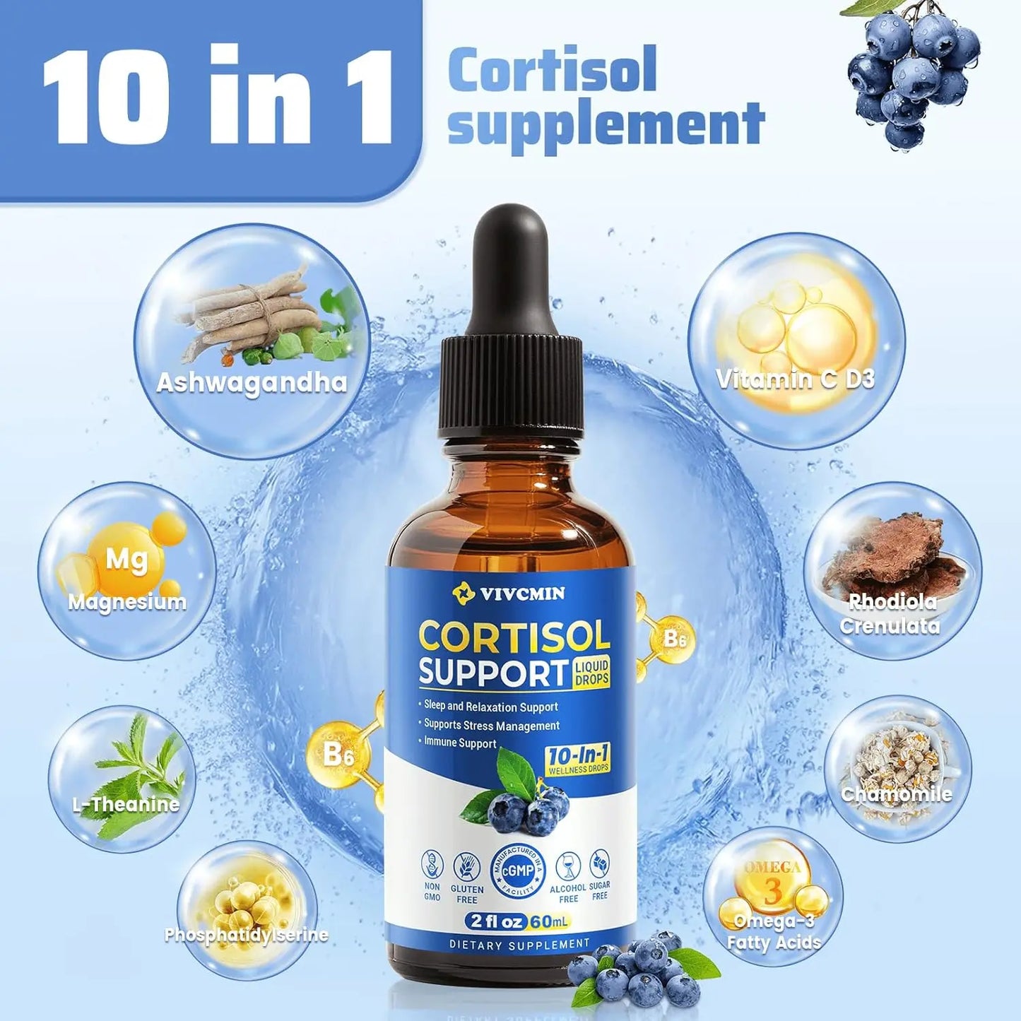 10 in 1 Cortisol Supplements for Women & Men, Cortisol Reducer with Ashwagandha, L-Theanine, Magnesium, Sleep & Mood Support, 2 Fl Oz, Blueberry Flavor