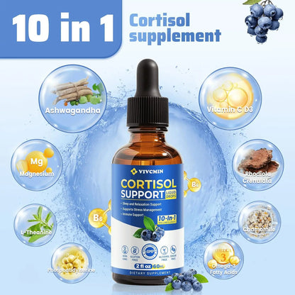 10 in 1 Cortisol Supplements for Women & Men, Cortisol Reducer with Ashwagandha, L-Theanine, Magnesium, Sleep & Mood Support, 2 Fl Oz, Blueberry Flavor