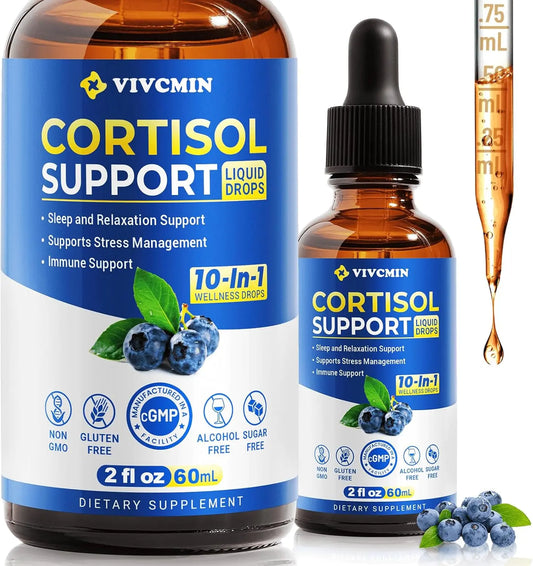 10 in 1 Cortisol Supplements for Women & Men, Cortisol Reducer with Ashwagandha, L-Theanine, Magnesium, Sleep & Mood Support, 2 Fl Oz, Blueberry Flavor