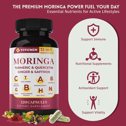 13 in 1 Moringa Leaf Powder Capsules - Turmeric, Ginger, Quercetin, Saffron | Herbal Complex Supplement for Energy & Immune Support (2-Month Supply)