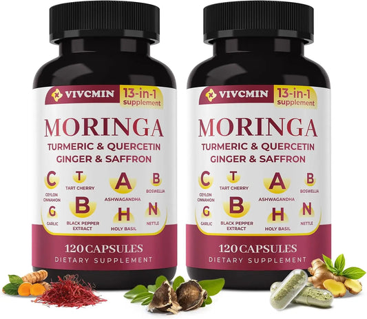 13 in 1 Moringa Leaf Powder Capsules - Turmeric, Ginger, Quercetin, Saffron | Herbal Complex Supplement for Energy & Immune Support (2-Month Supply)