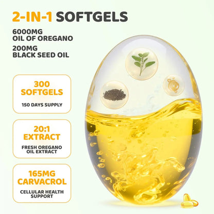 Oil of Oregano Capsules - Oregano Oil with Black Seed Oil, Contain Carvacrol & Thymoquinone, Herbal Supplement for Immune, Digestive and Antioxidant Support, 300 Softgels - 150 Days Supply
